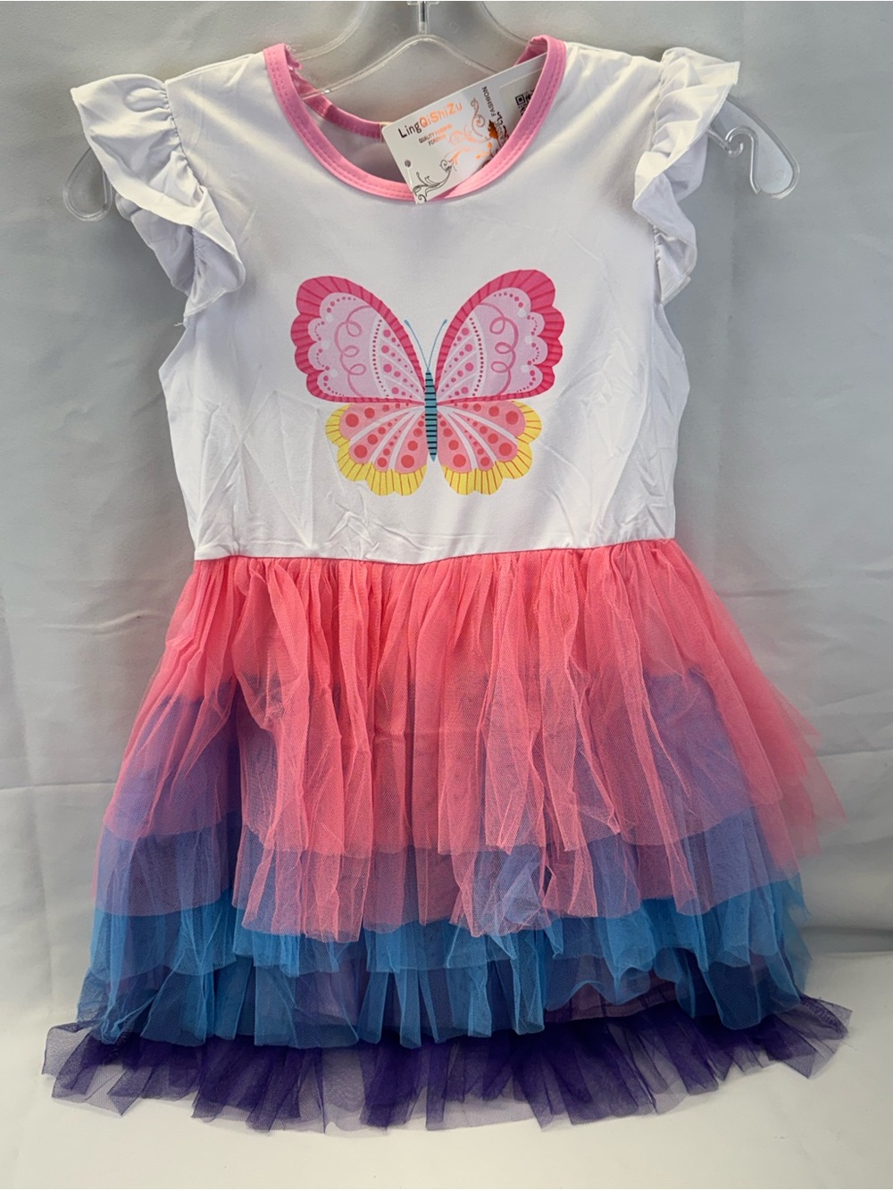 Pink Butterfly Tulle Tiered Kids Dress size 130-7/8Y